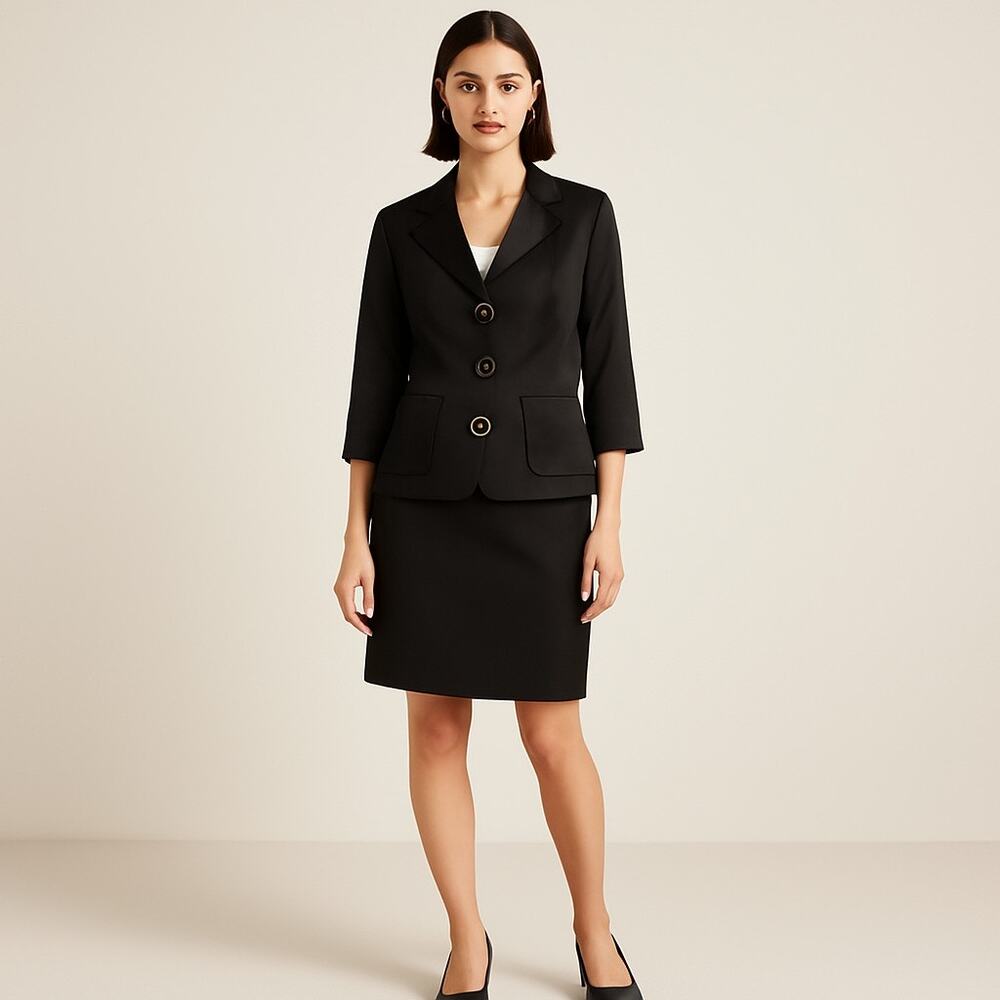 Bigio Collection Women’s 14 Black Silk Wool Blazer Skirt Suit Set NWT